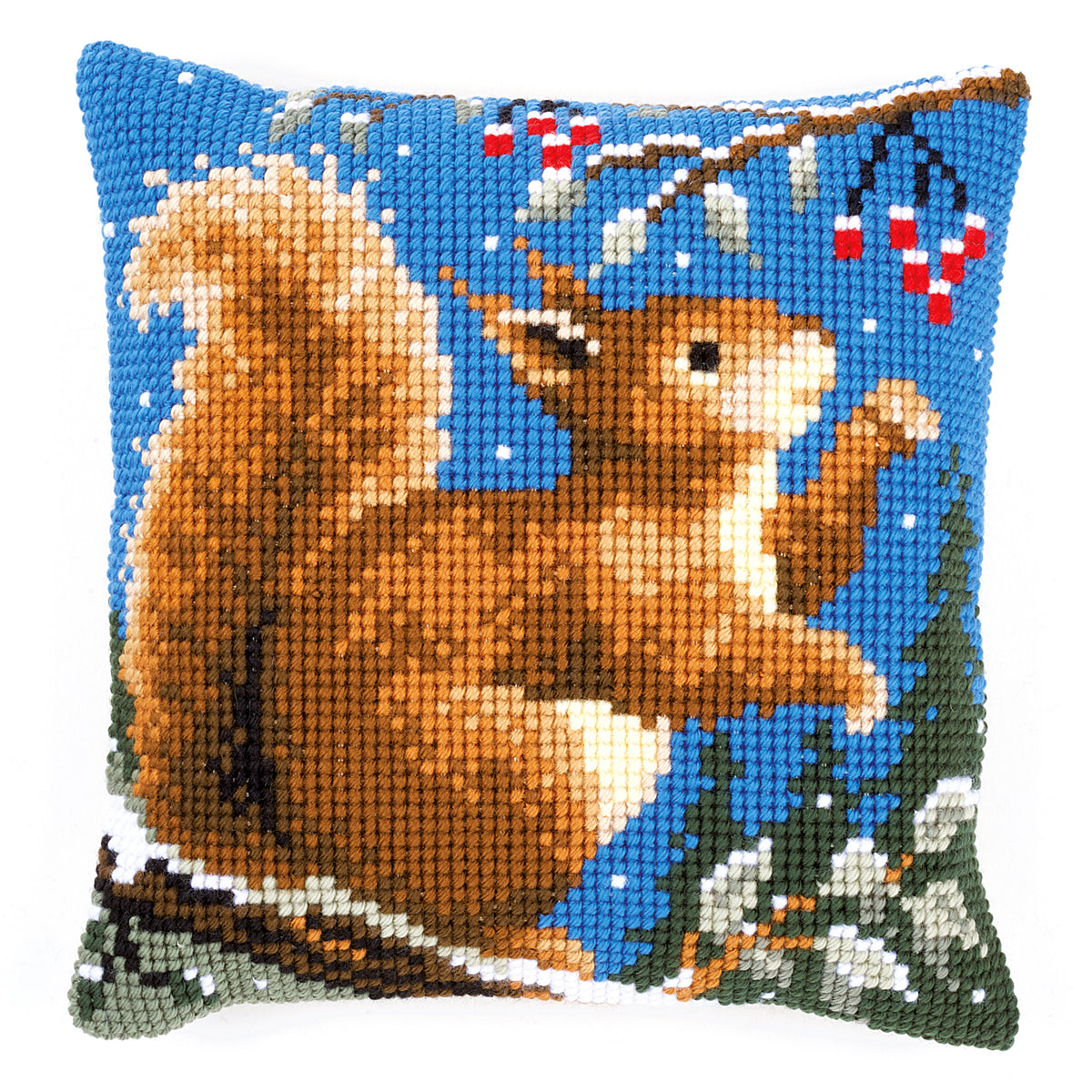Finished Vervaco cross stitch cushion showing a squirrel in a winter scene