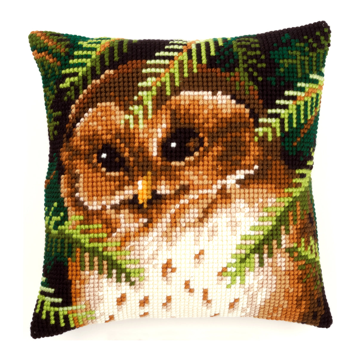 Finished Vervaco cross stitch cushion showing an owl