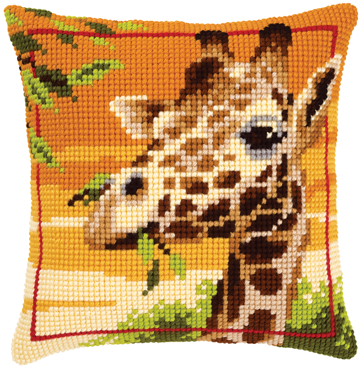 Cross stitch cushion front showing a giraffe