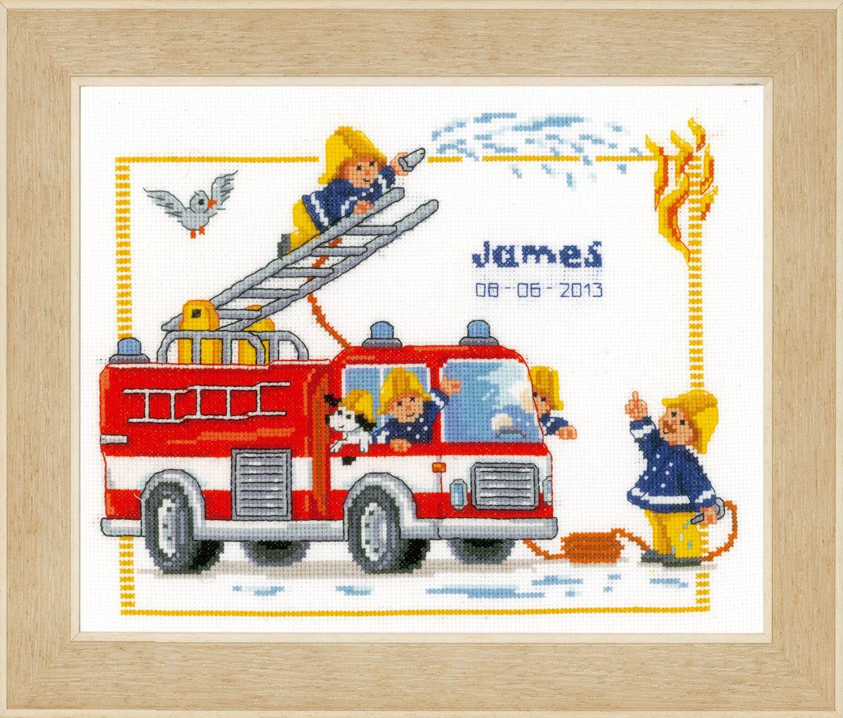 Cross stitch birth record with a fire engine