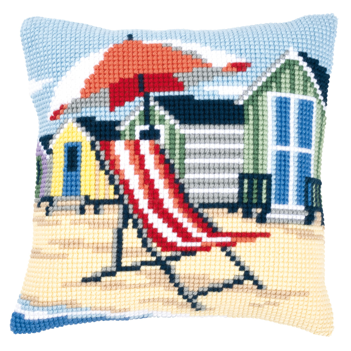 Cross stitch cushion front showing a beach chair