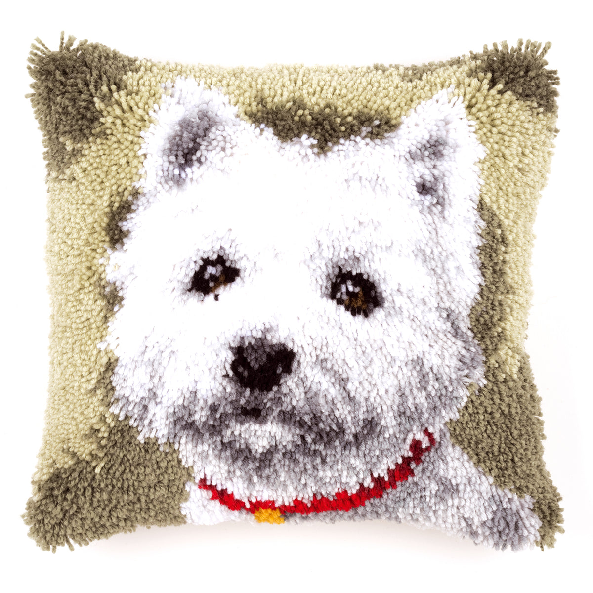 Latch hook cushion showing a West Highland terrier
