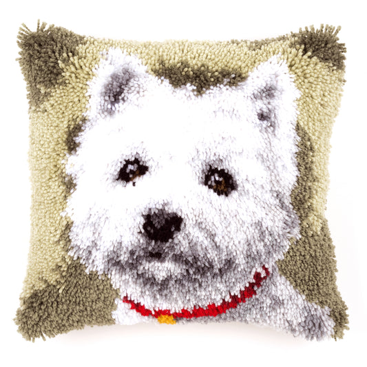 Latch hook cushion showing a West Highland terrier