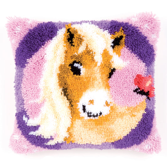 Latch hook cushion showing a pony