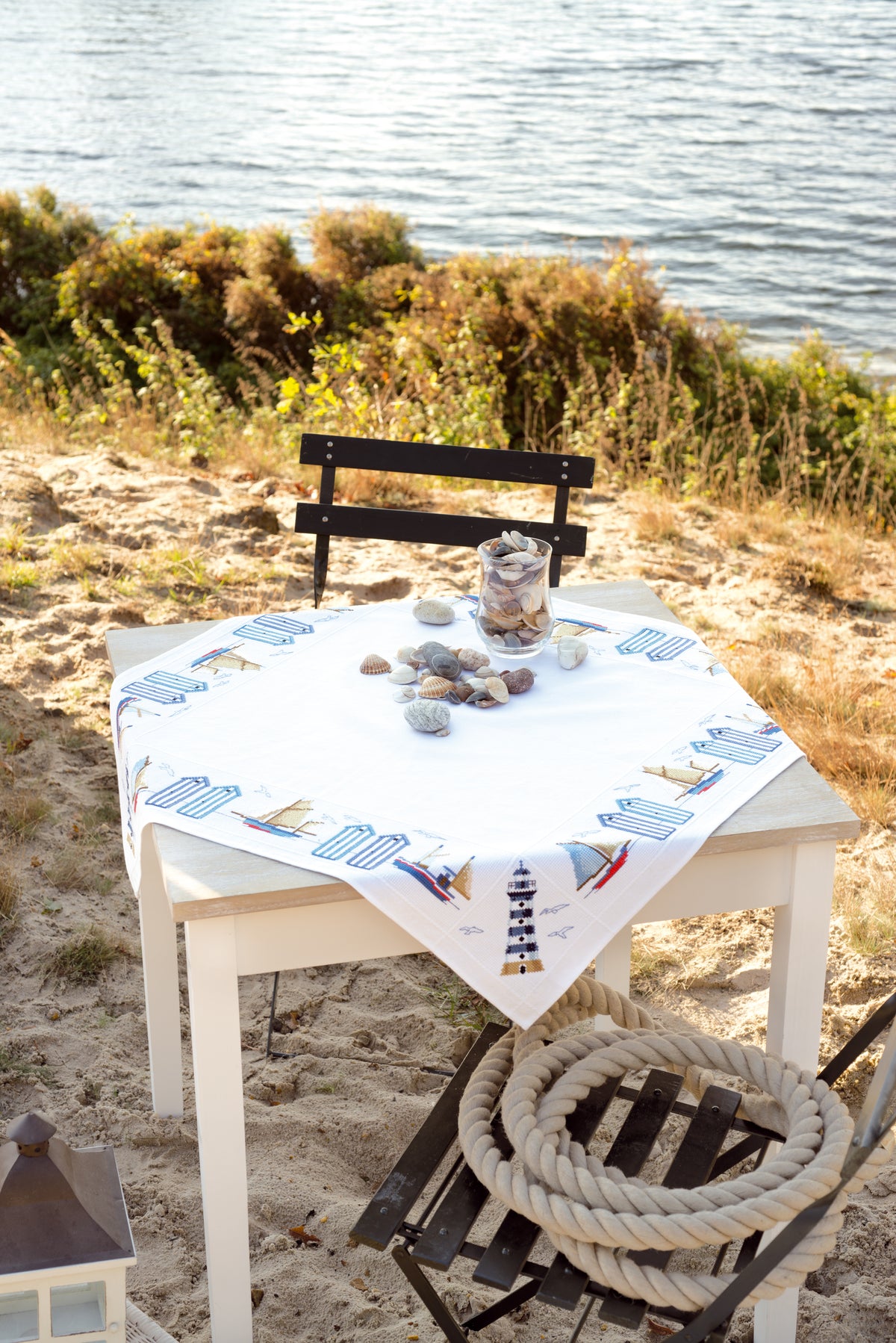 Cross stitch tablecloth with a beach theme design
