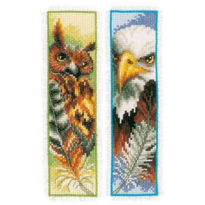 Two cross stitch bookmarks showing an eagle and an owl