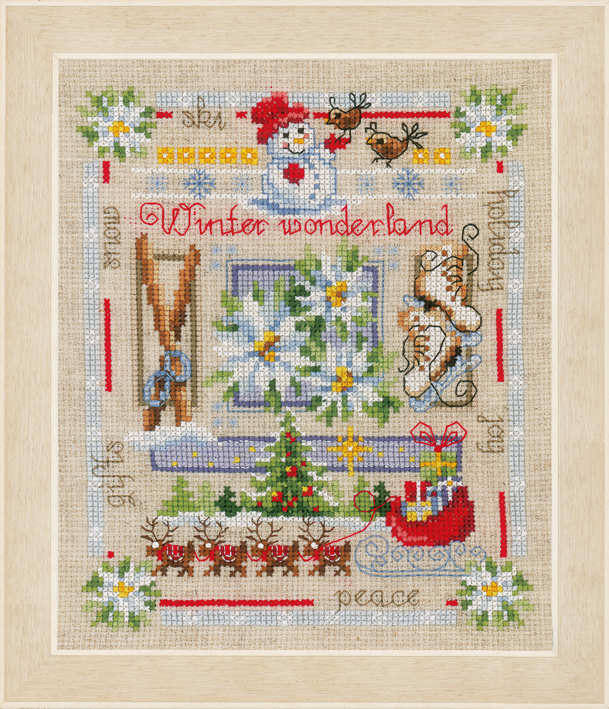 Finished cross stitch picture of a winter scene
