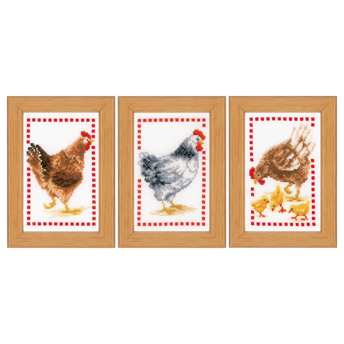 Three small cross stitched chicken designs