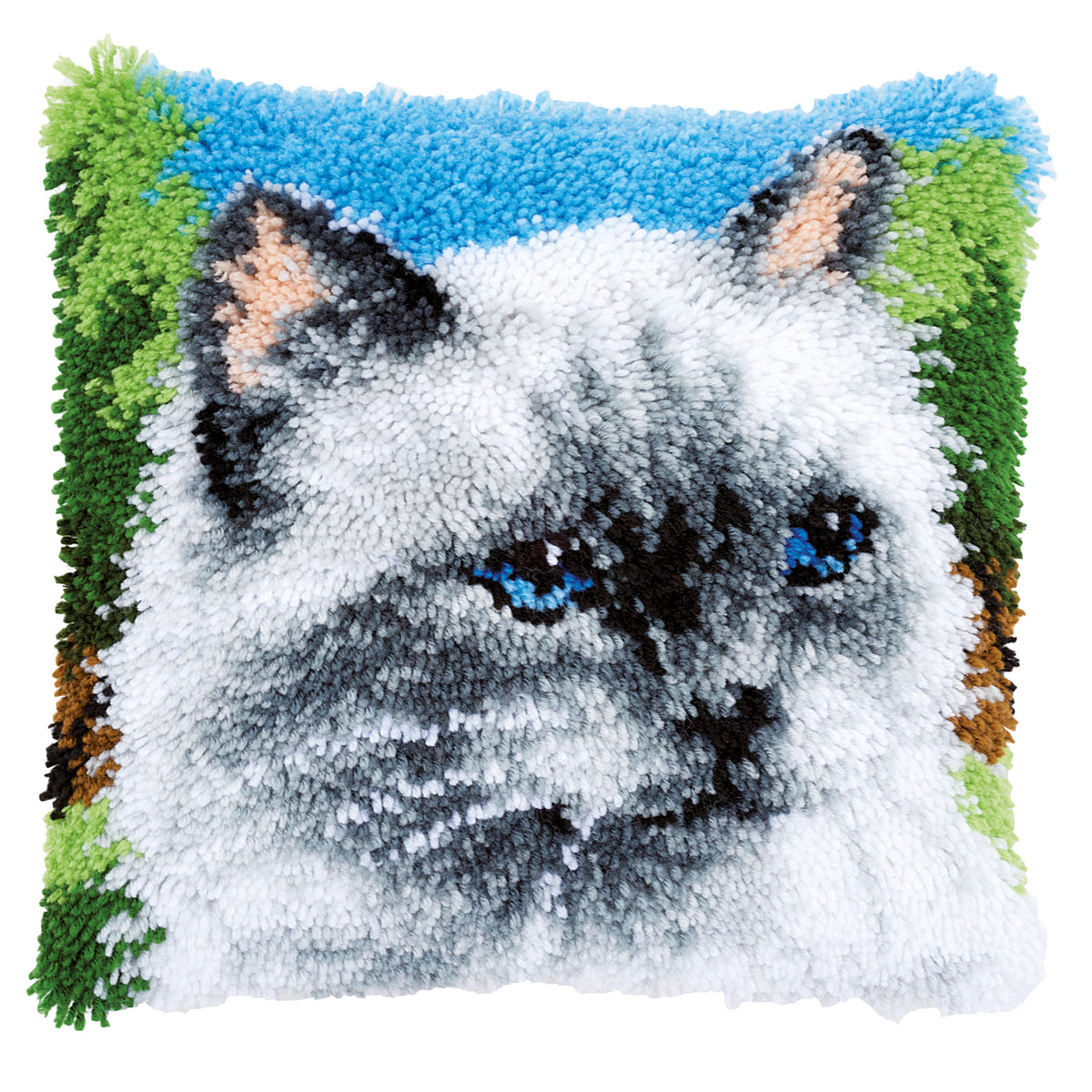 Latch hook cushion showing a fluffy ragdoll cat