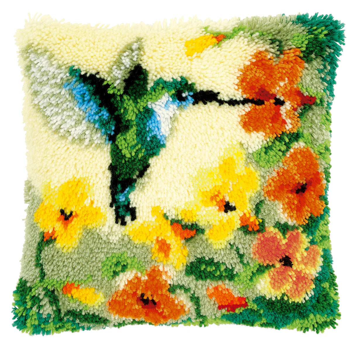 Latch hook cushion with a hummingbird among flowers