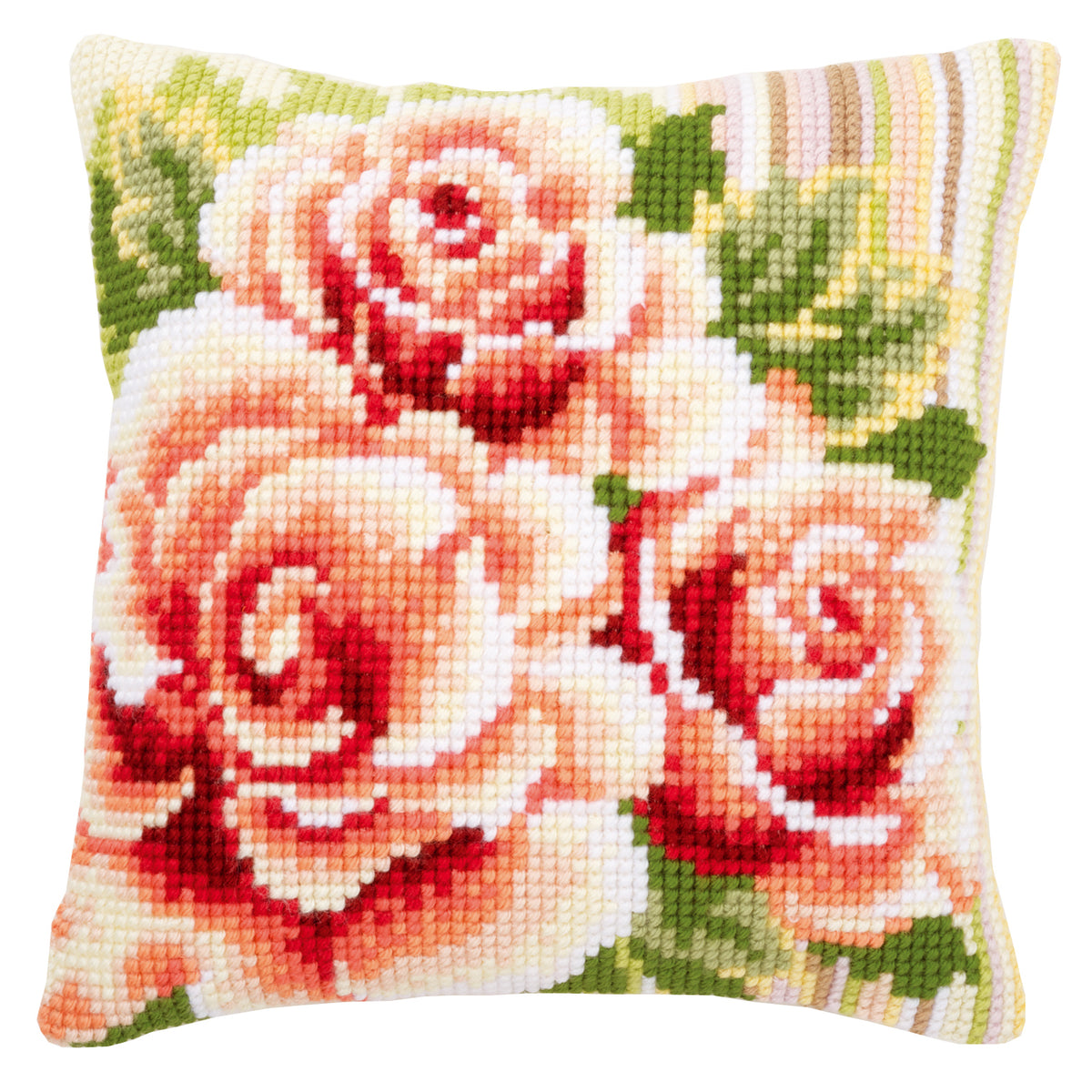 Cross stitch cushion with pink roses