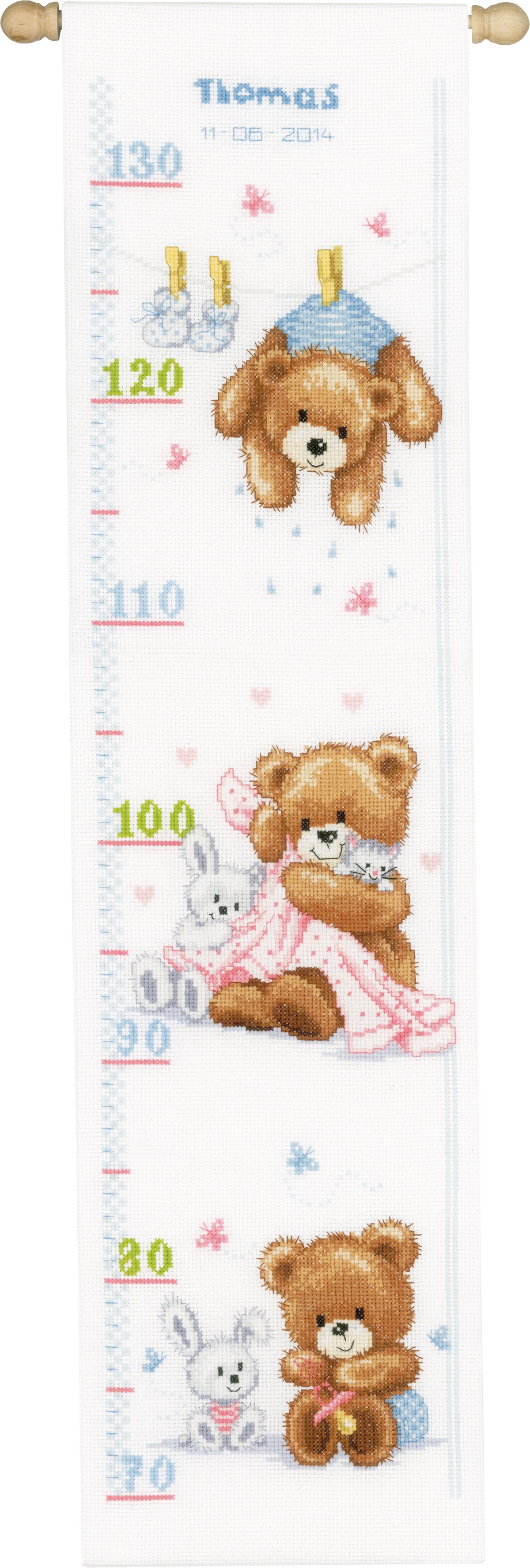 Cross stitched children's height chart with bears