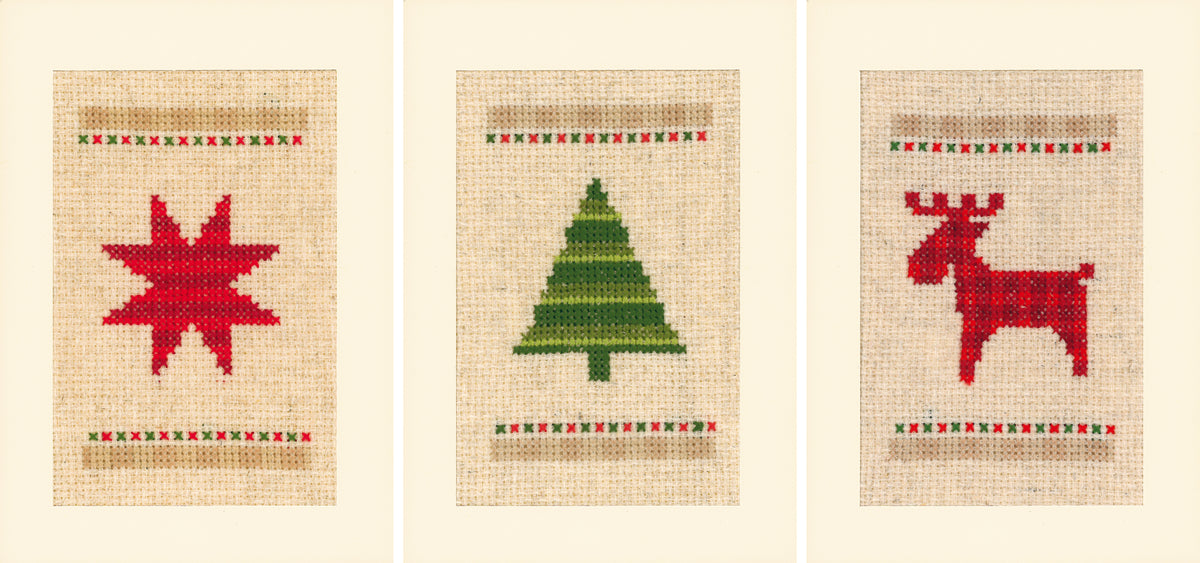 Three Vervaco cross stitch Christmas greeting cards with festive designs