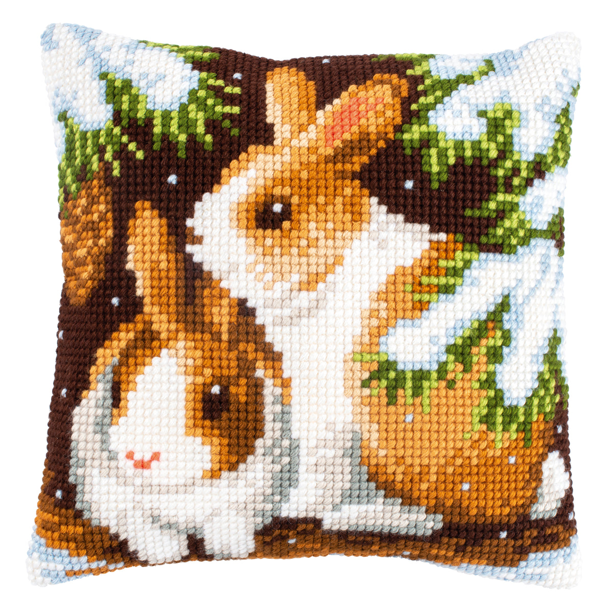 Vervaco cross stitch cushion showing rabbits in a snowy scene