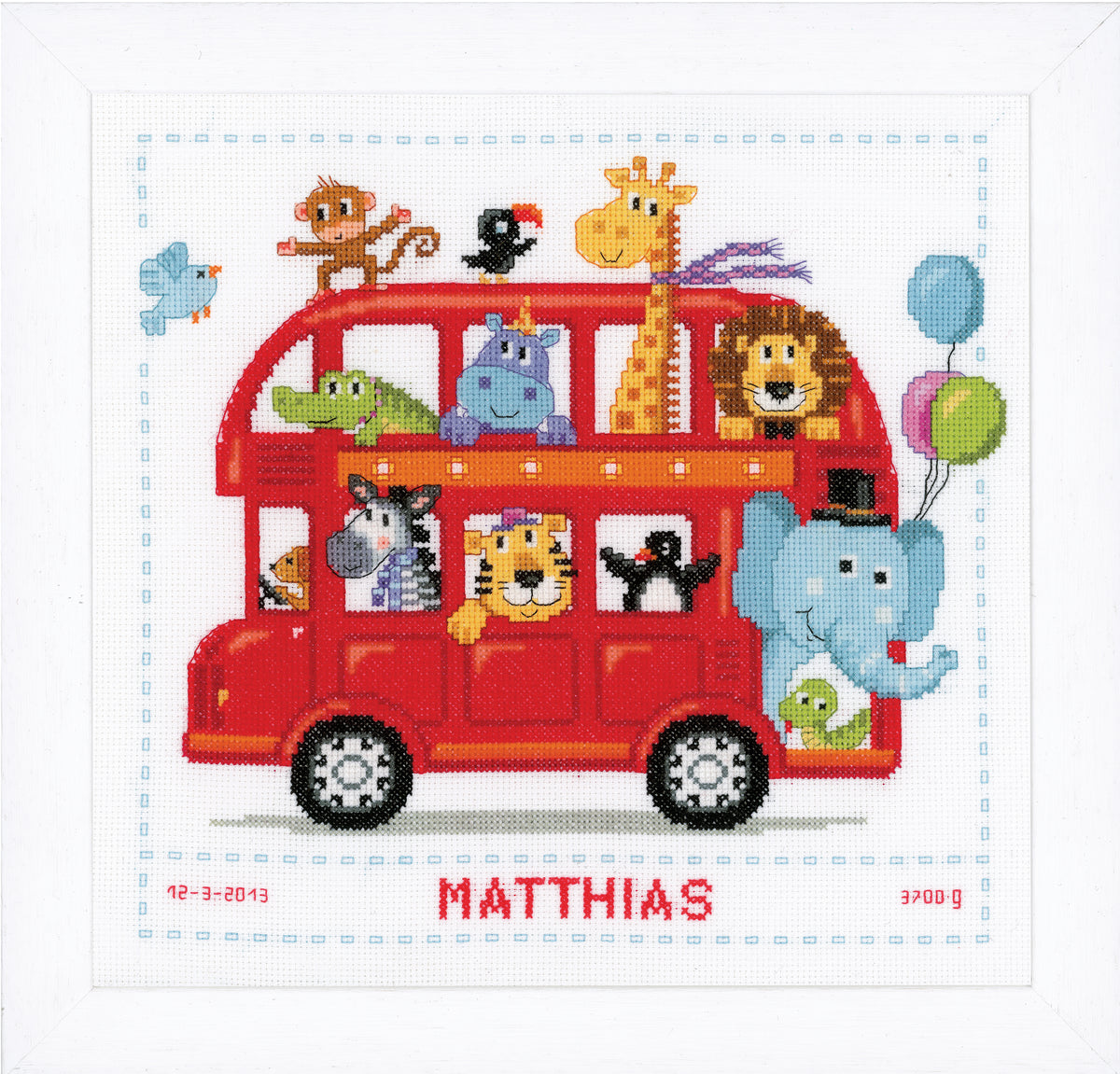 Cross stitch birth record with a colourful bus design