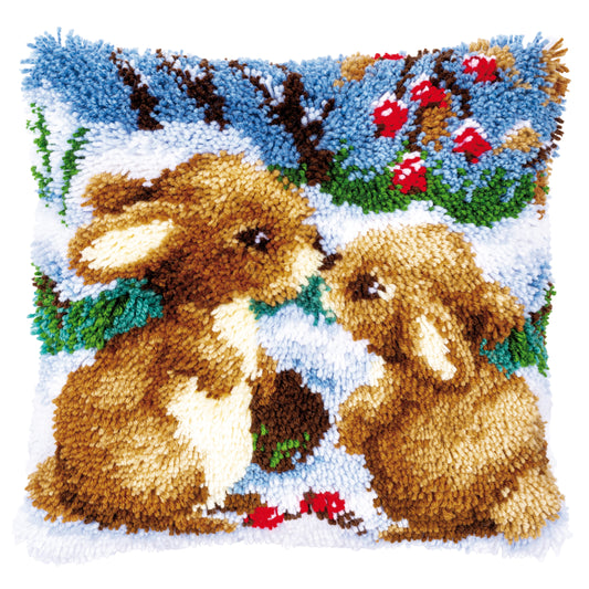 Vervaco latch hook cushion showing rabbits in the snow