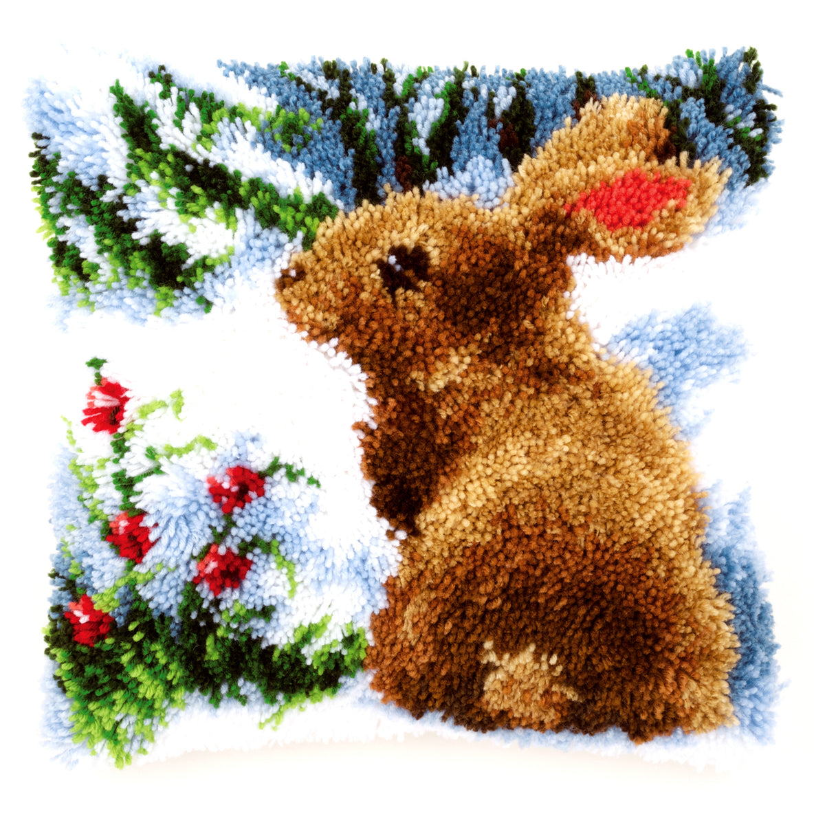 Vervaco latch hook cushion showing a rabbit in the snow