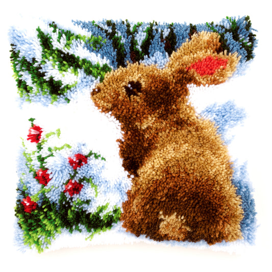 Vervaco latch hook cushion showing a rabbit in the snow