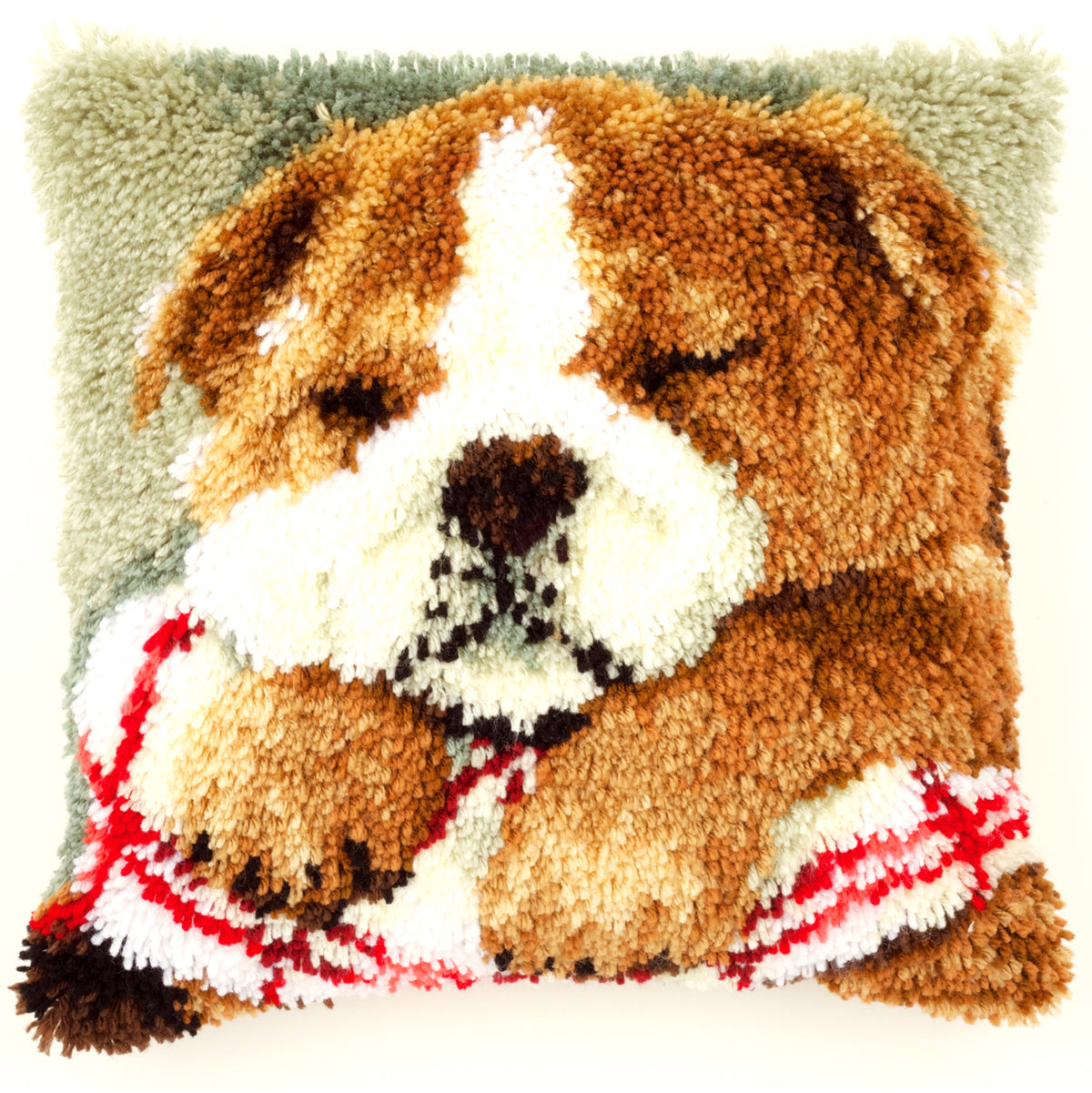 Vervaco latch hook cushion showing a sleeping bulldog