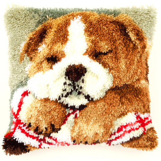Vervaco latch hook cushion showing a sleeping bulldog