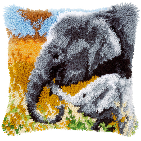 Vervaco latch hook cushion showing a baby elephant with its mother