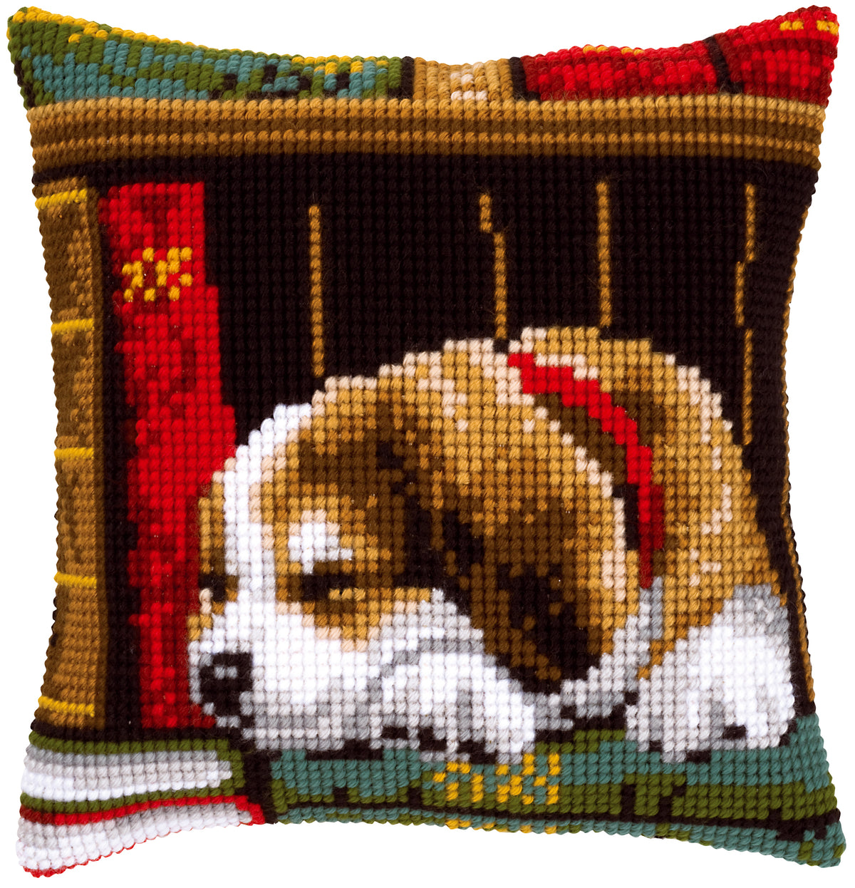 Vervaco cross stitch cushion showing a sleeping dog