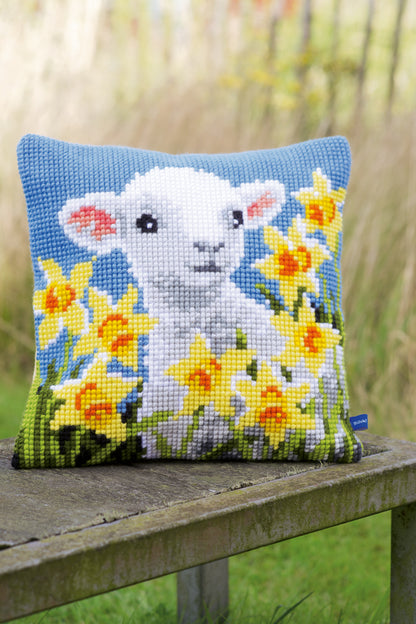 Cross stitch cushion kit with a lamb design
