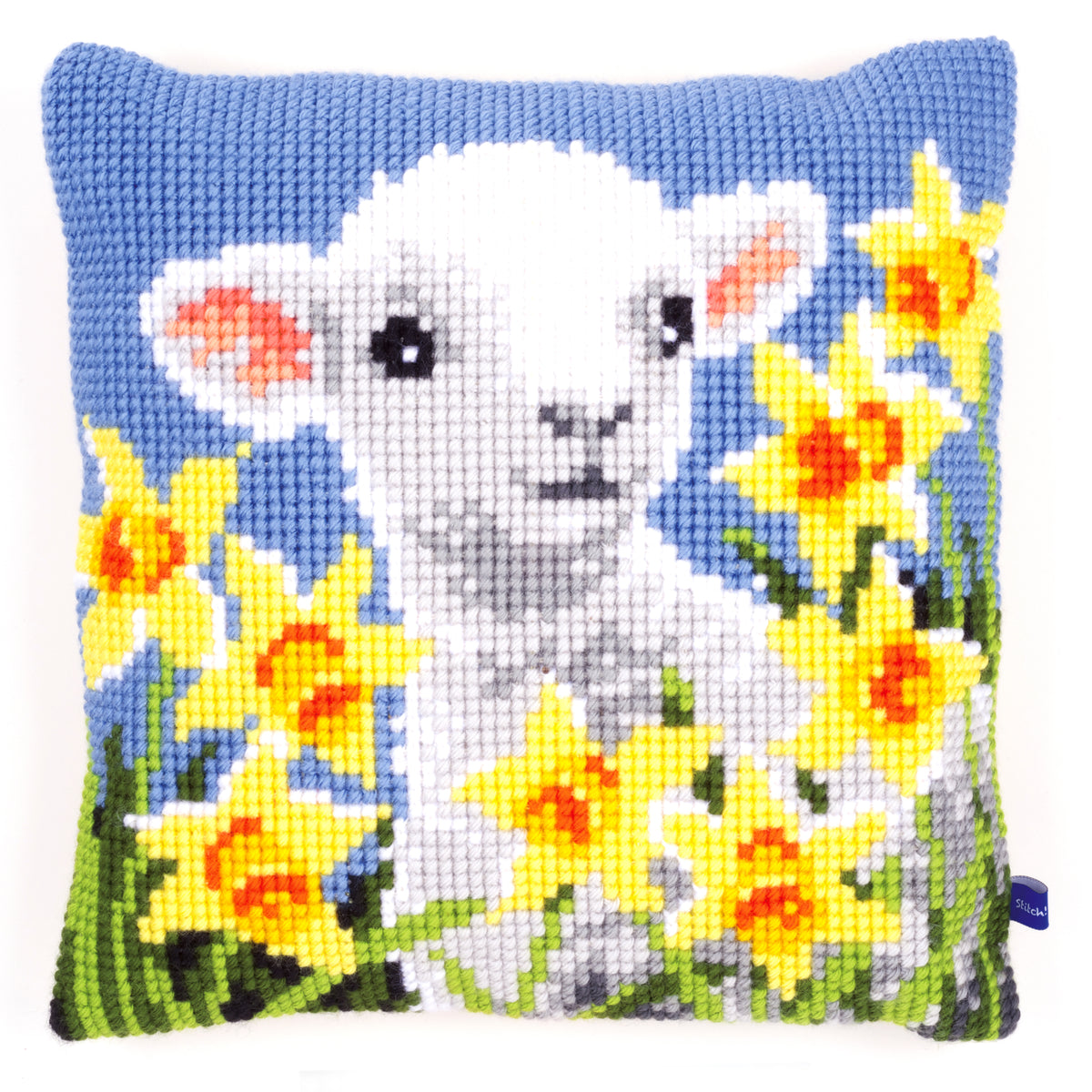 Cross stitch cushion kit with a lamb design
