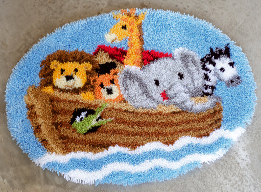 Shaped latch hook rug kit with a Noah's Ark design