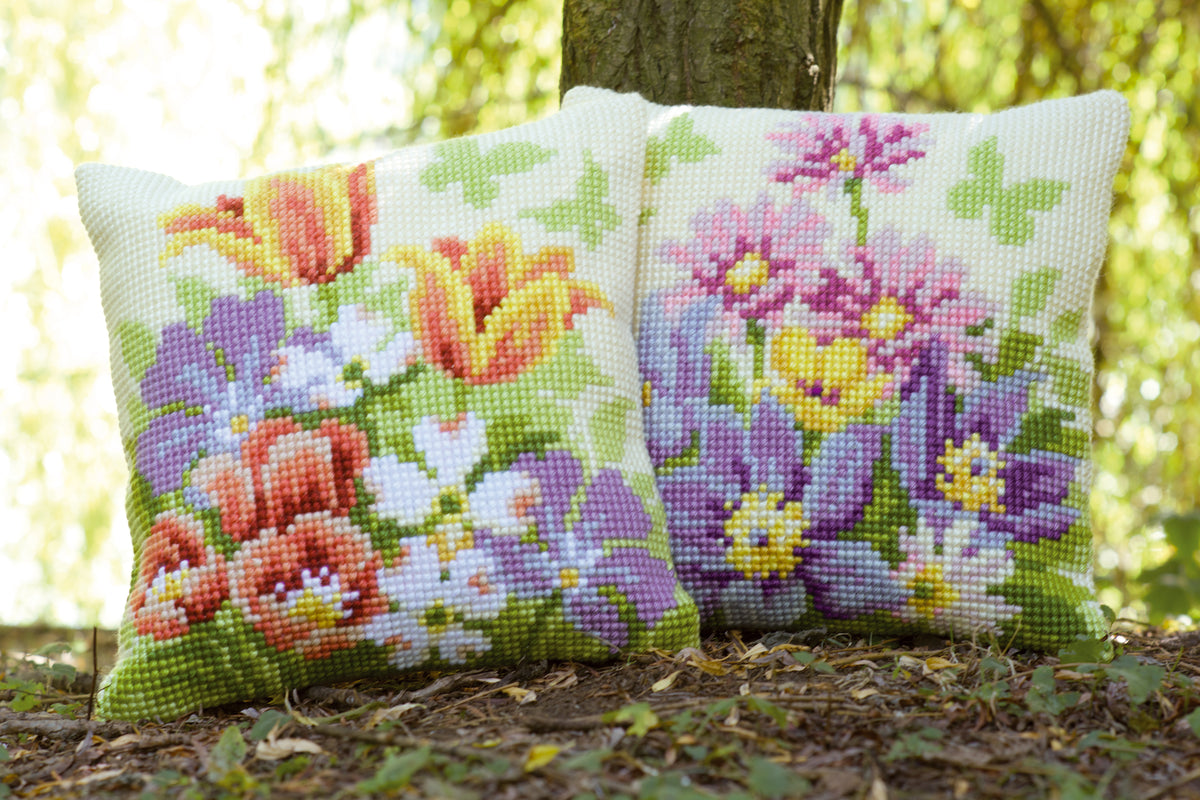 Cross stitch cushion kit with colourful spring flowers
