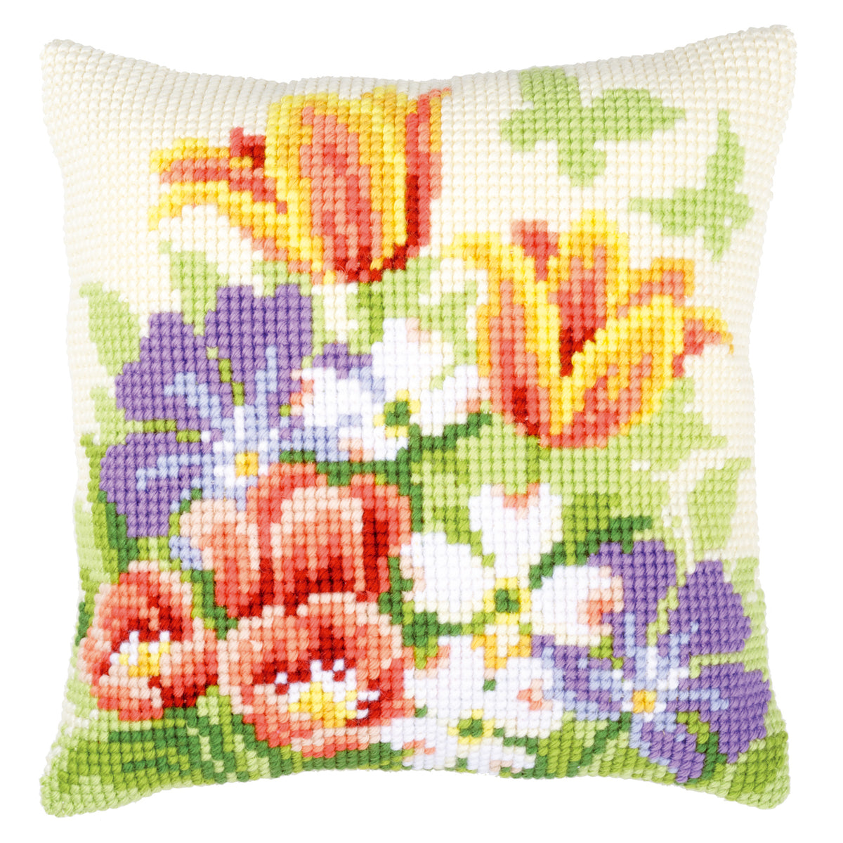 Cross stitch cushion kit with colourful spring flowers