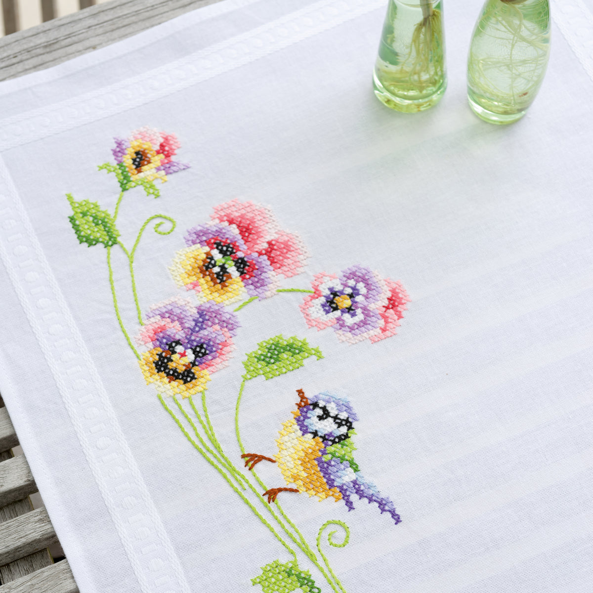 Printed embroidery table runner kit with birds and pansies