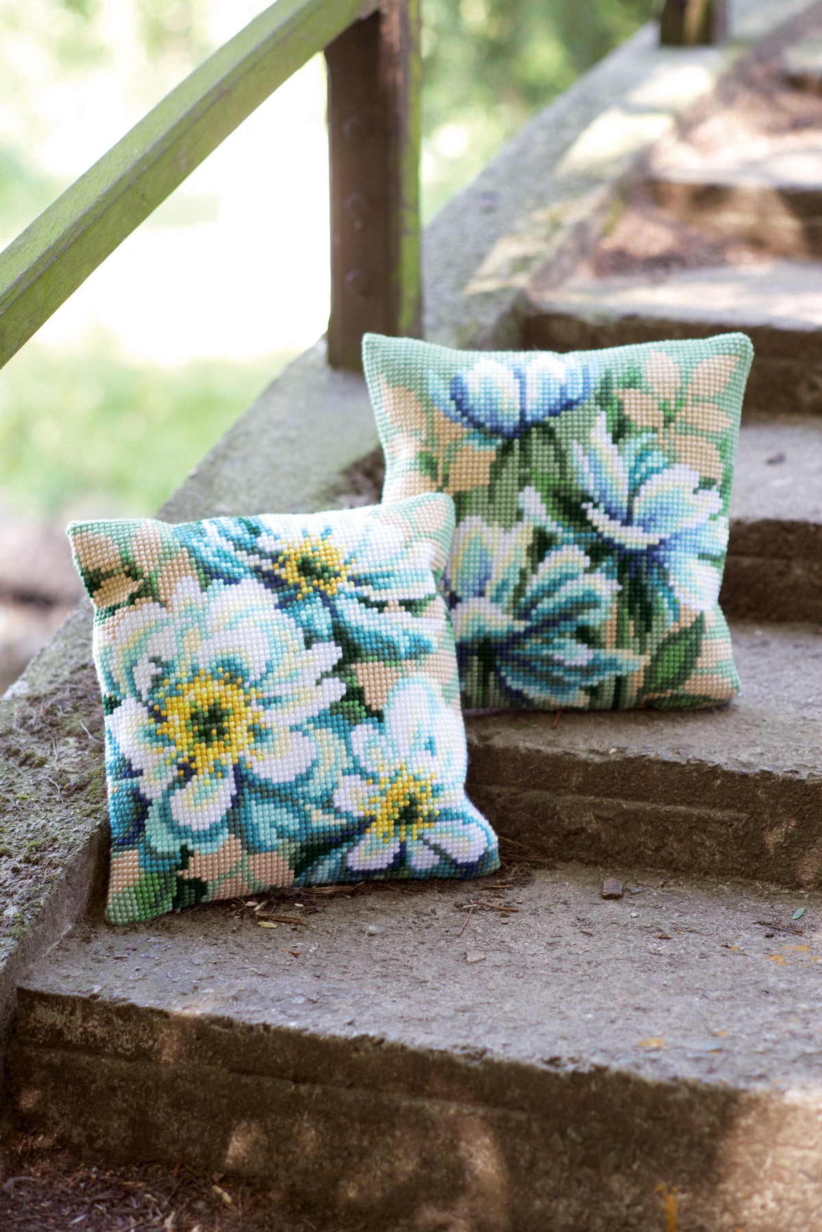 Cross stitch cushion kit with Japanese anemone flowers