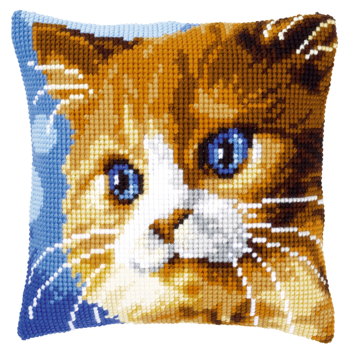 Cross stitch cushion kit with a brown cat