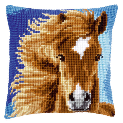 Cross stitch cushion kit with a brown horse
