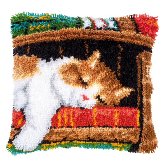 Cat Sleeping on Bookshelf latch hook cushion design