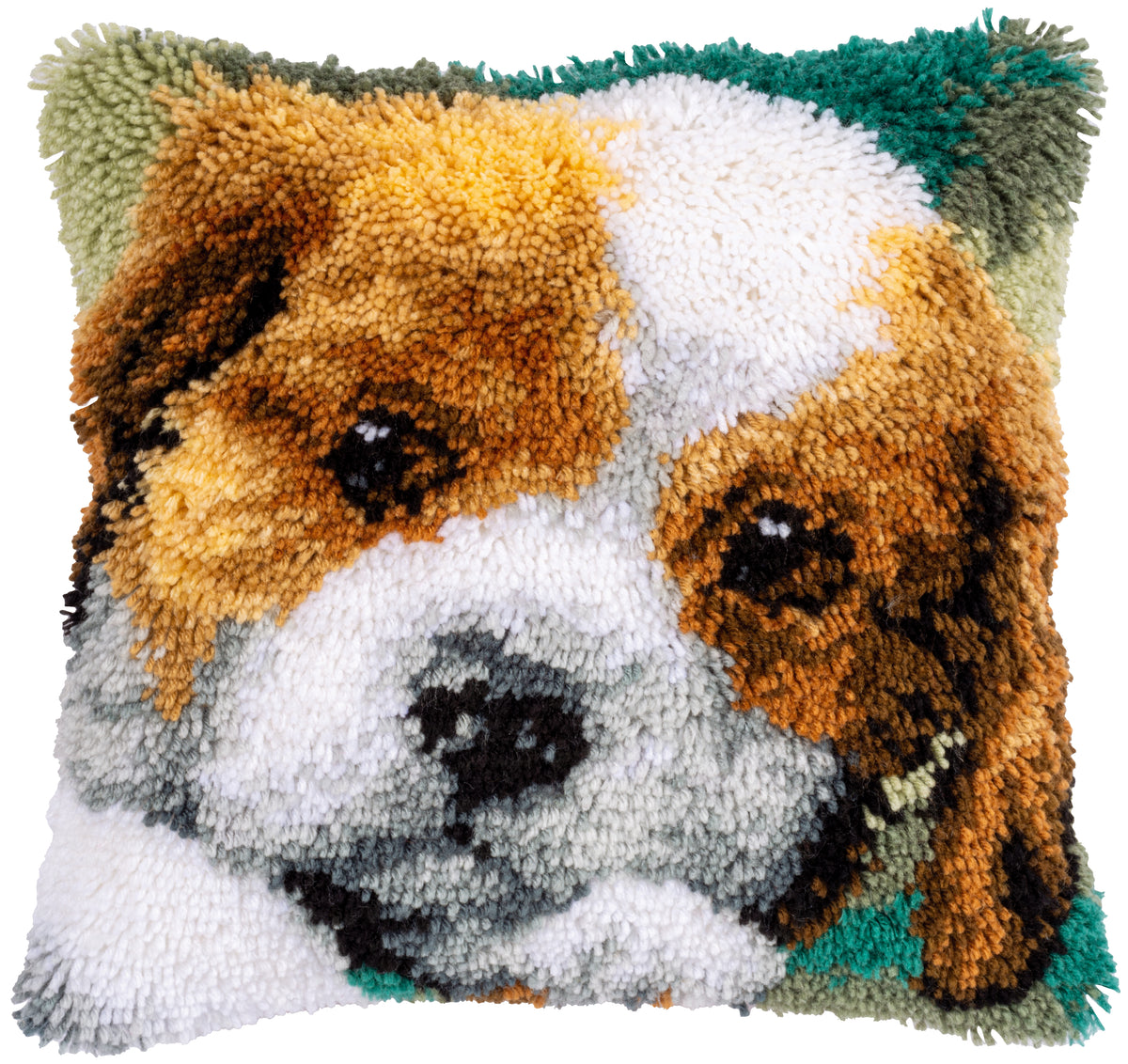 Latch hook cushion showing a little dog