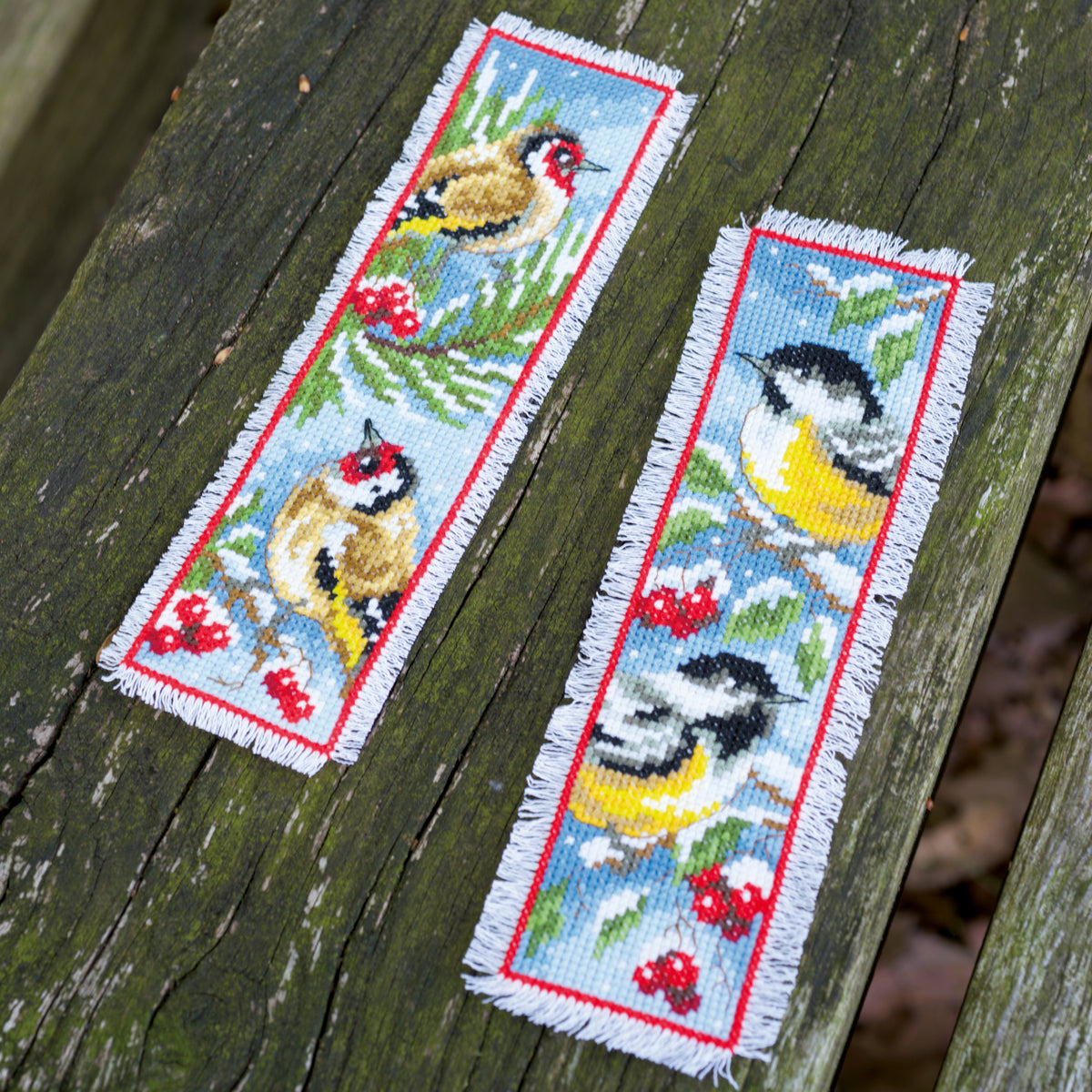 Finished birds in winter bookmark cross stitch design