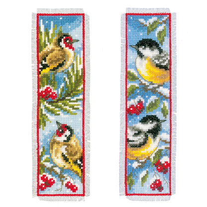 Finished birds in winter bookmark cross stitch design