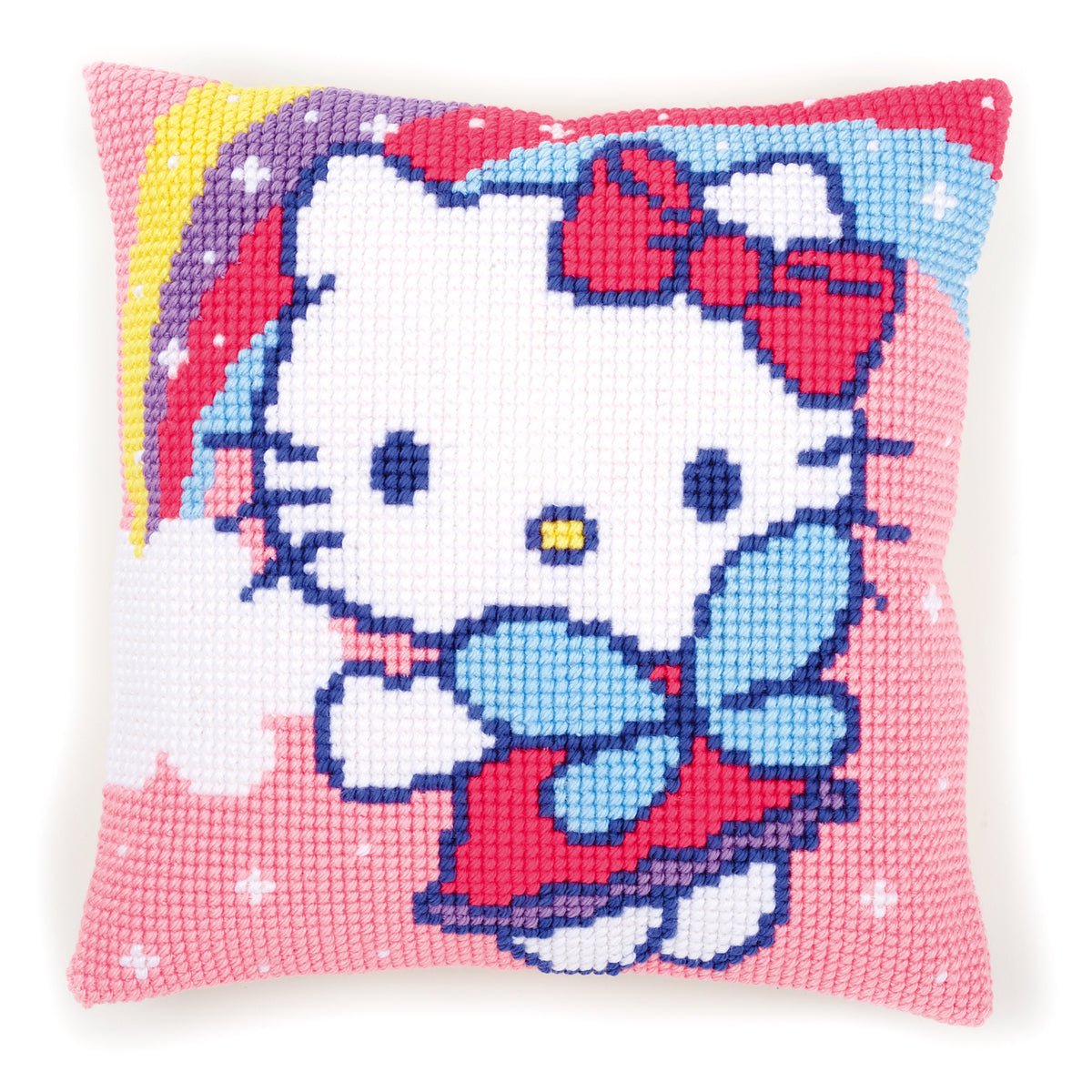 Stitched Hello Kitty and rainbow cushion front