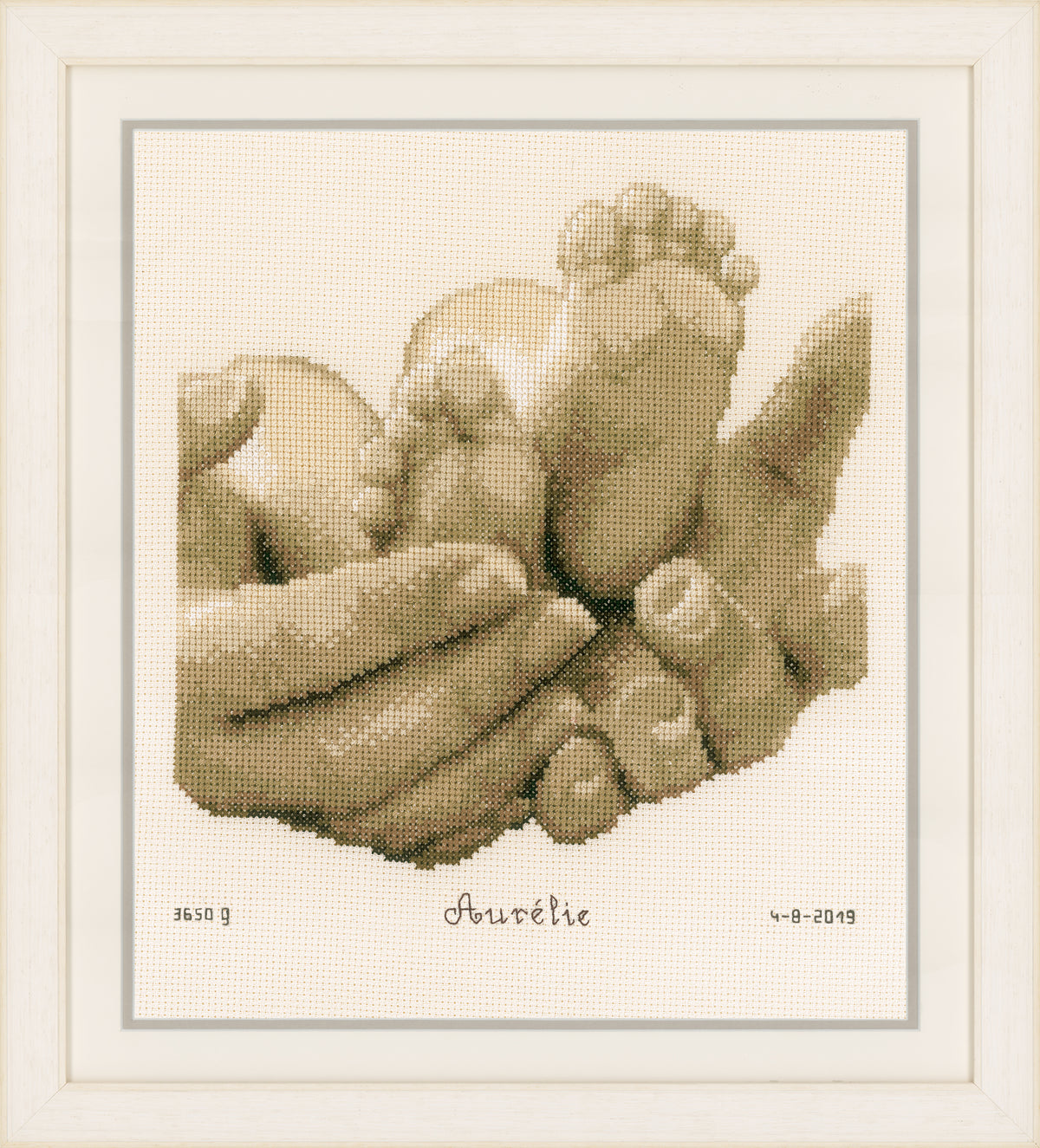 Finished baby feet birth record cross stitch design