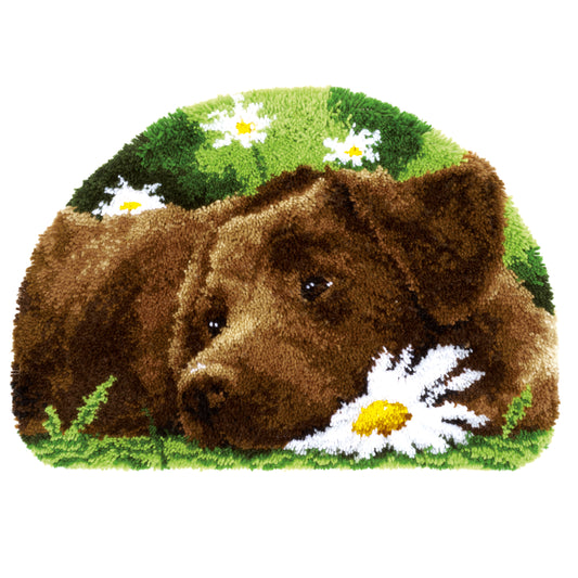 Finished chocolate Labrador latch hook rug