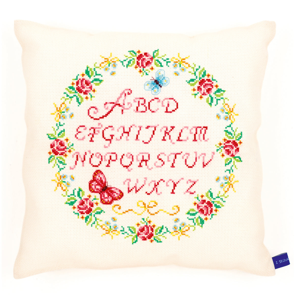 Finished alphabet and roses cushion cross stitch design