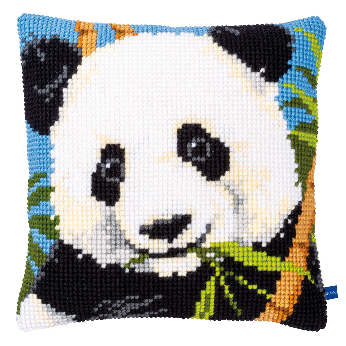 Cross stitch cushion with a panda design