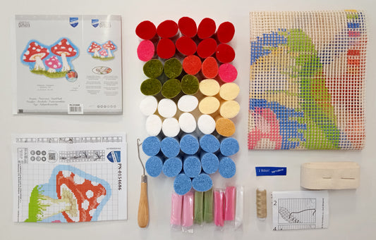 Shaped latch hook rug in the form of mushrooms