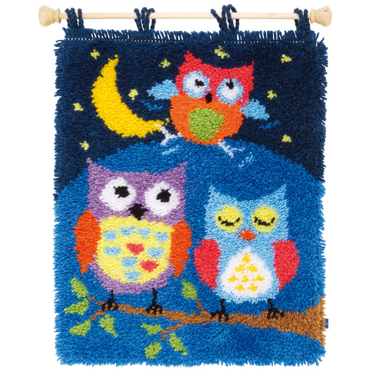 Latch hook rug with owls on a night sky