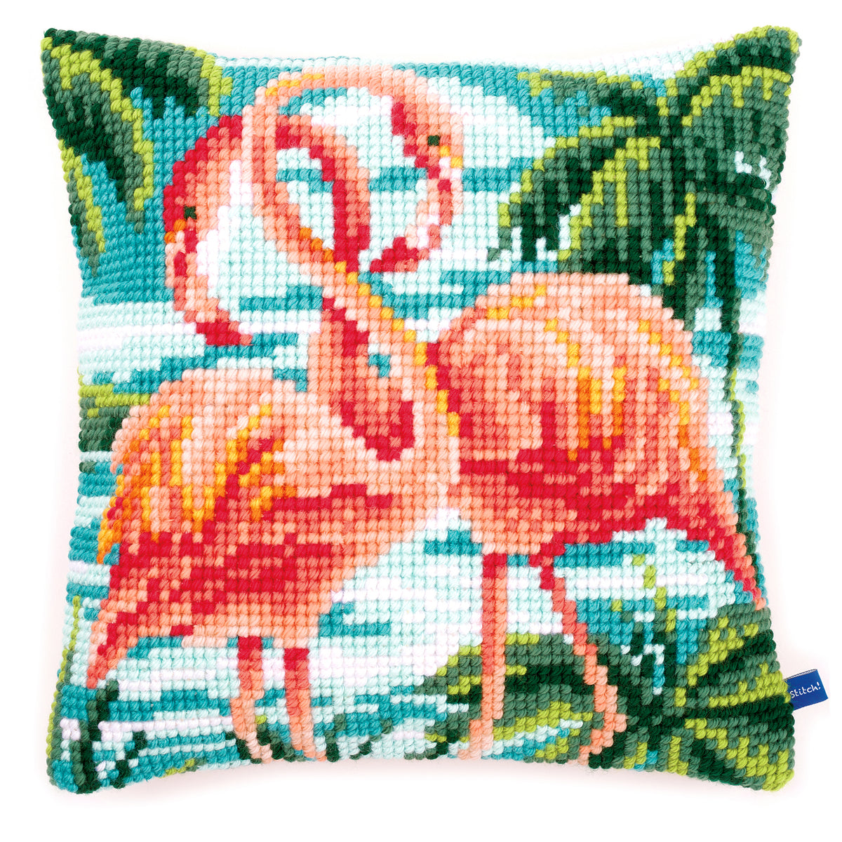 Cross stitch cushion with pink flamingos