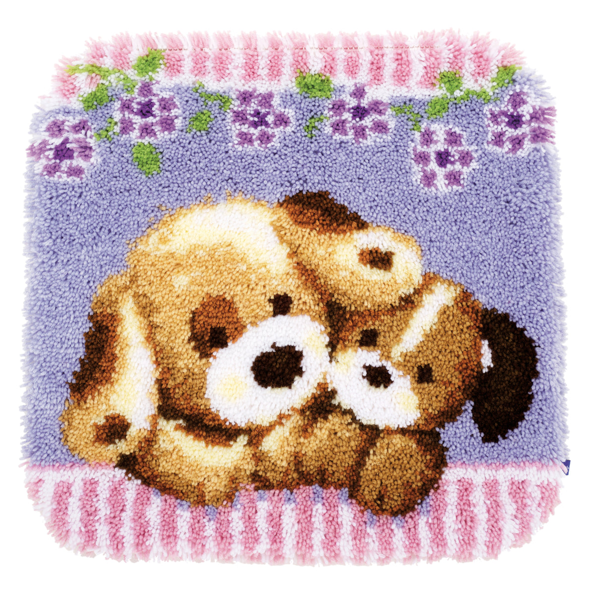 Latch hook rug showing two dogs cuddling