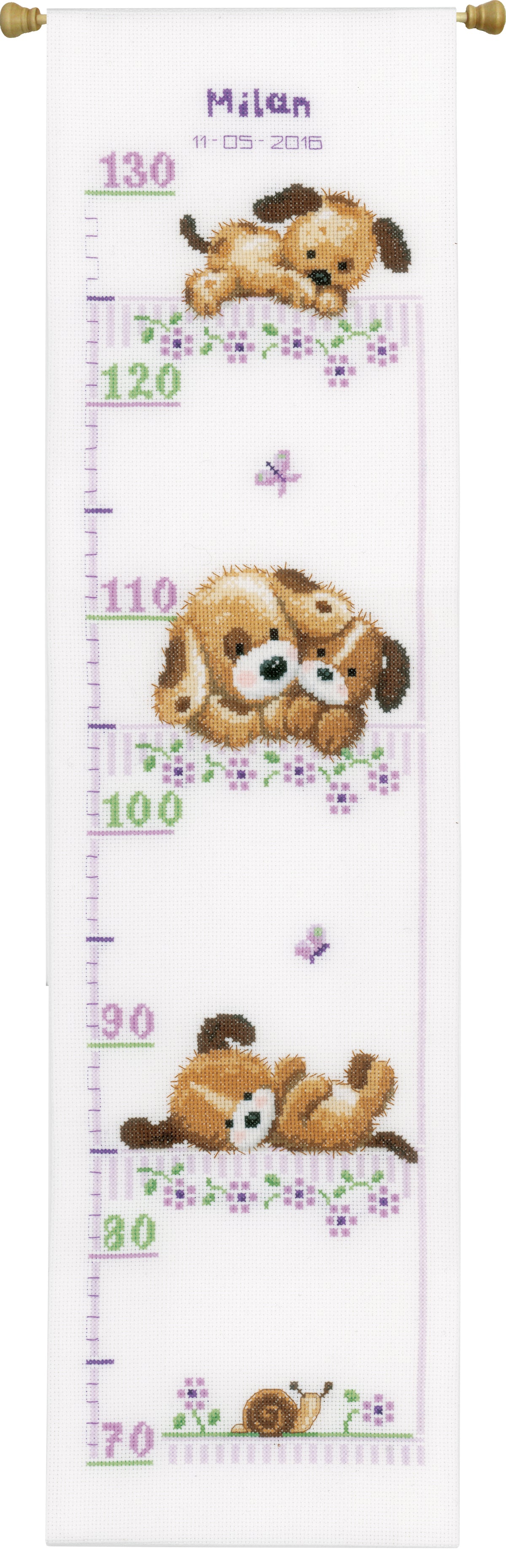 Cross stitch height chart with playing dogs