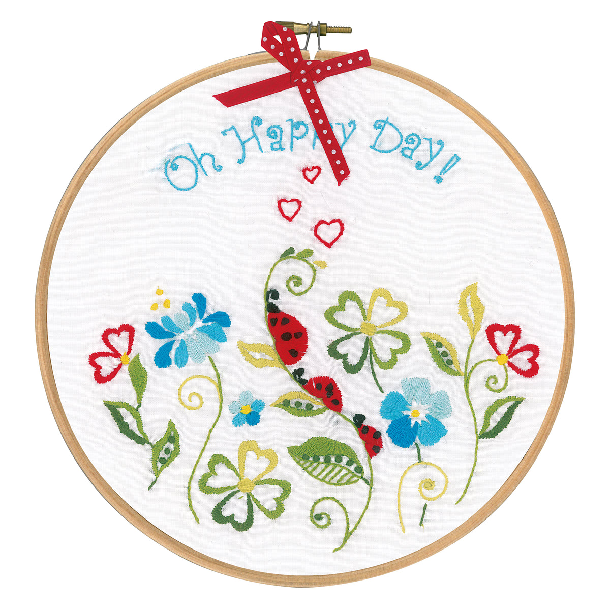 Oh Happy Day embroidery in a wooden hoop